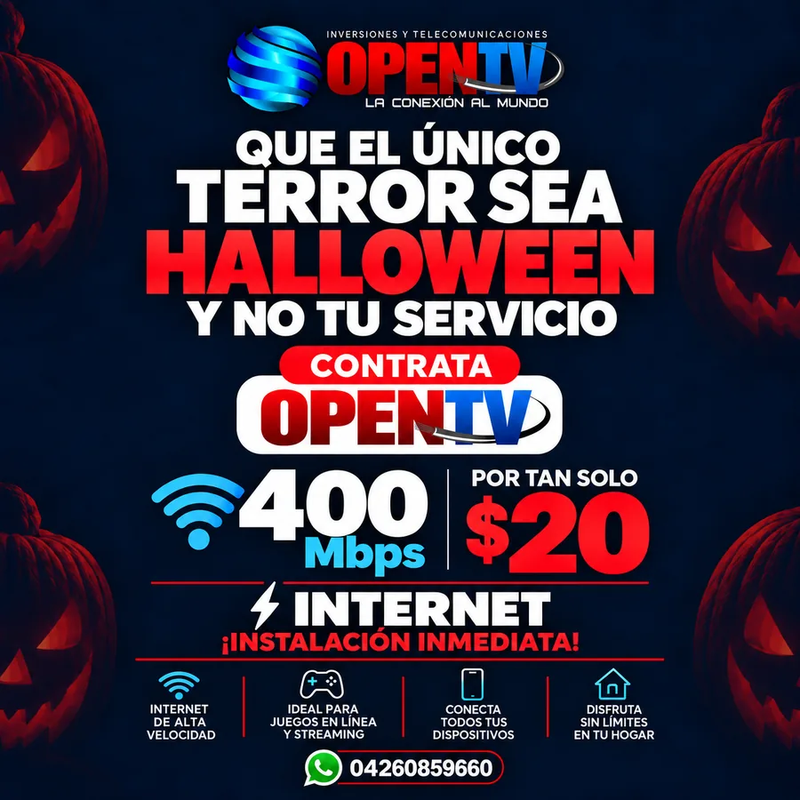 Promoción de Halloween de Open TV: internet de 400 Mbps por tan solo 20 dólares, con instalación inmediata.